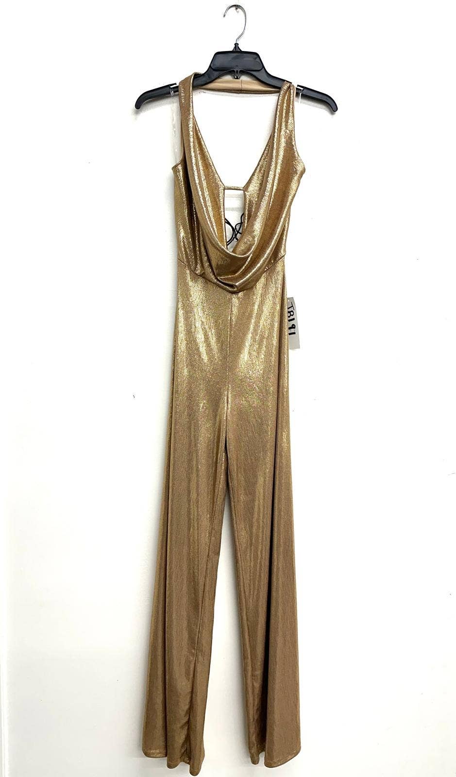 J8191 METALLIC GOLD HALTER JUMPSUIT WITH CROSS BACK