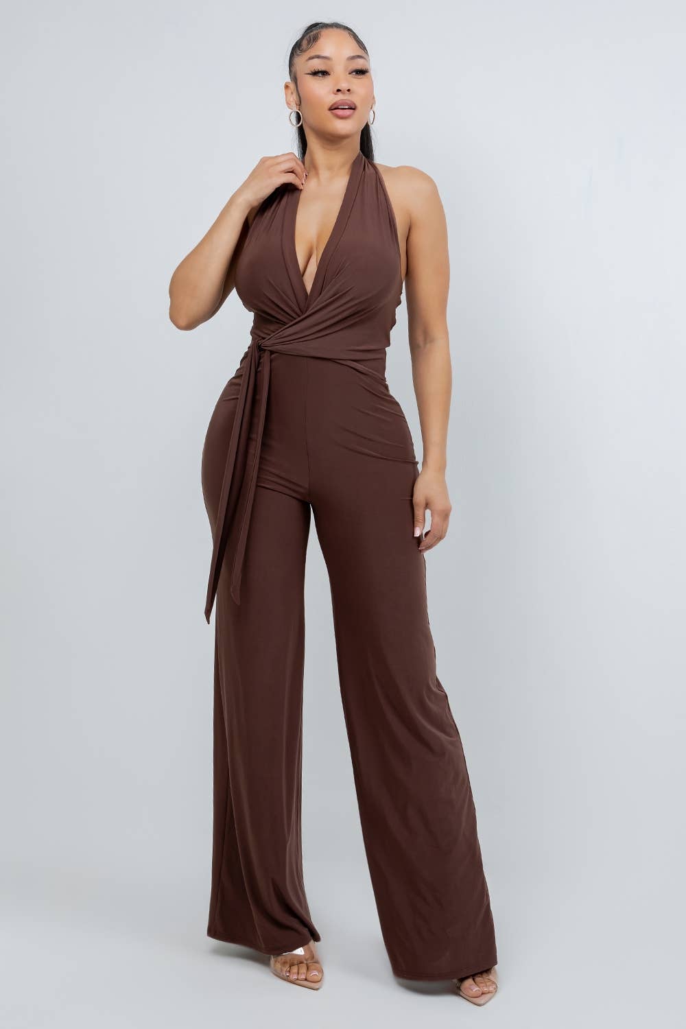 J8167 HALTER JUMPSUIT WITH WRAP TIE