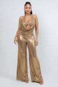 J8191 METALLIC GOLD HALTER JUMPSUIT WITH CROSS BACK