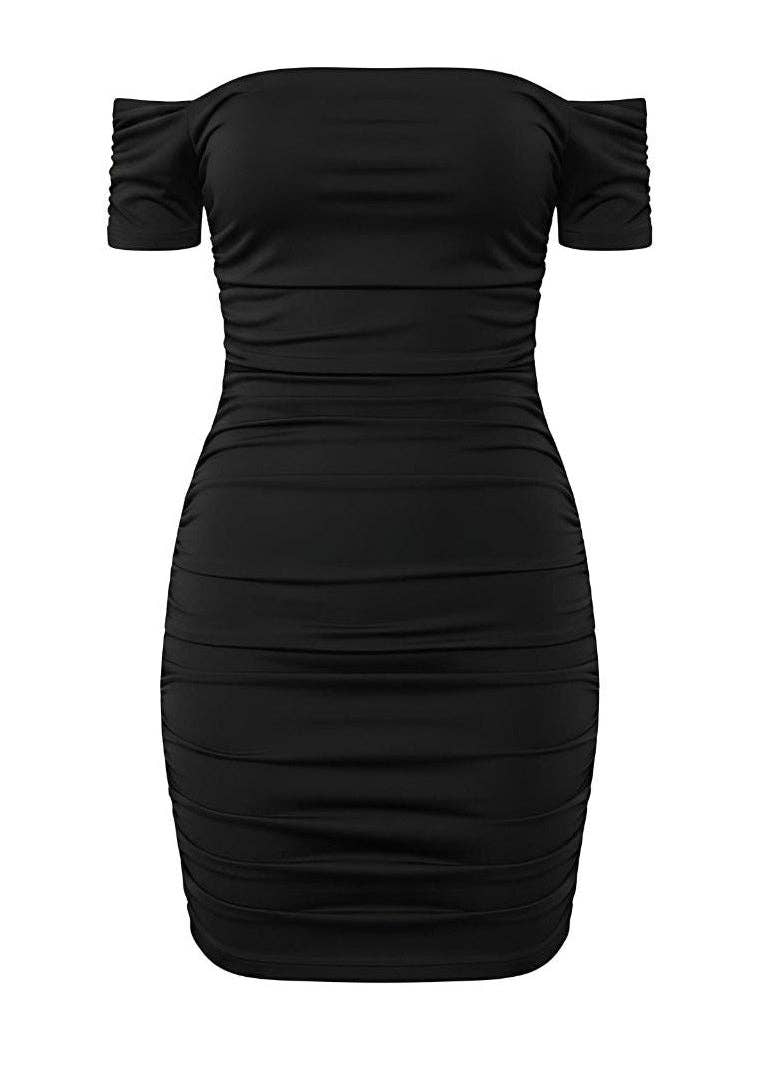 Black Ruched Bardot Bodycon Mini Dress