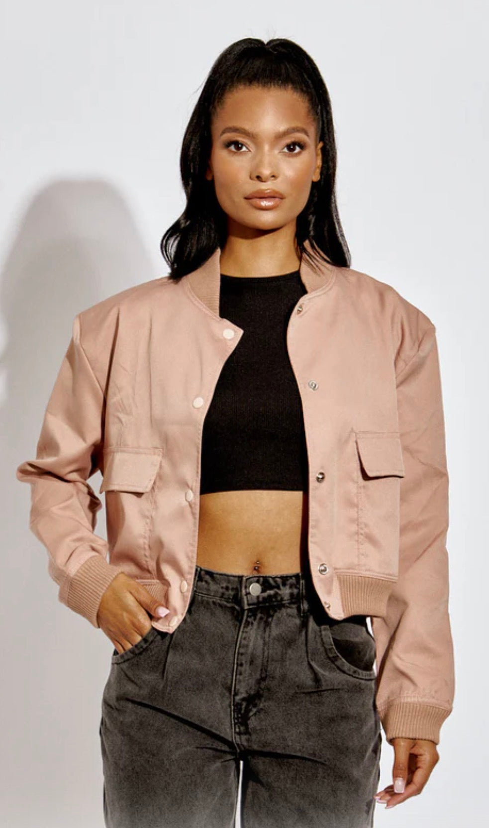 SATIN FINISH CROPPED BOMBER JACKET