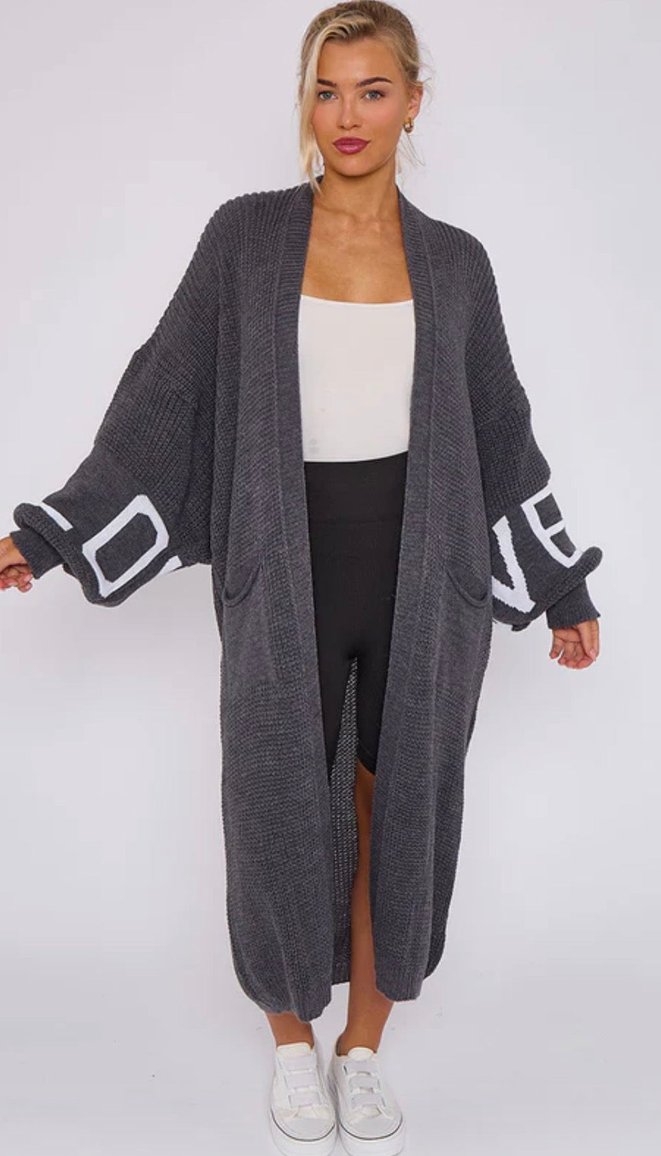 LOVE DETAIL BALLOON SLEEVES KNITTED OPEN CARDIGAN