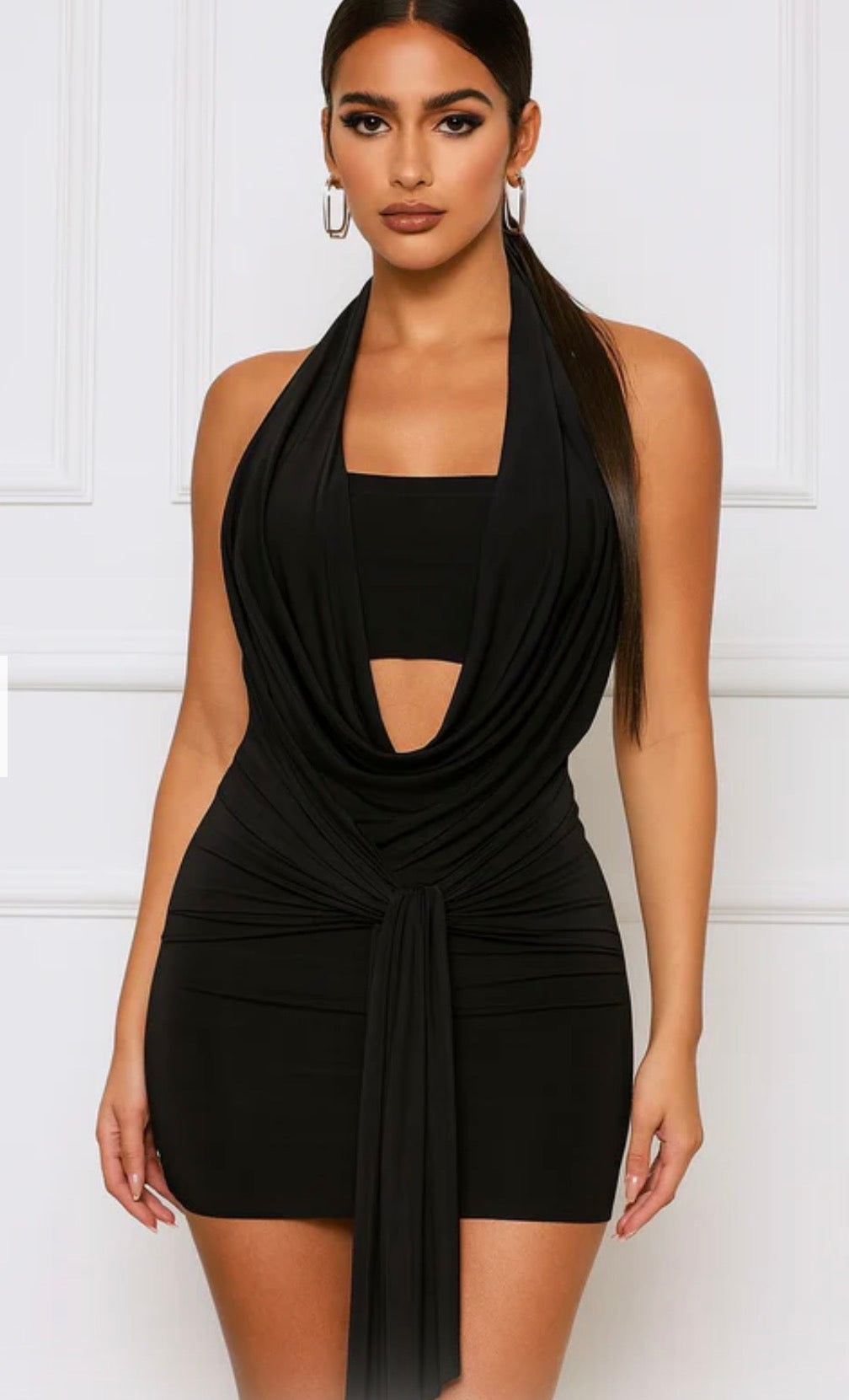 DRAPED COWL HALTER MINI DRESS