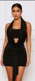 DRAPED COWL HALTER MINI DRESS