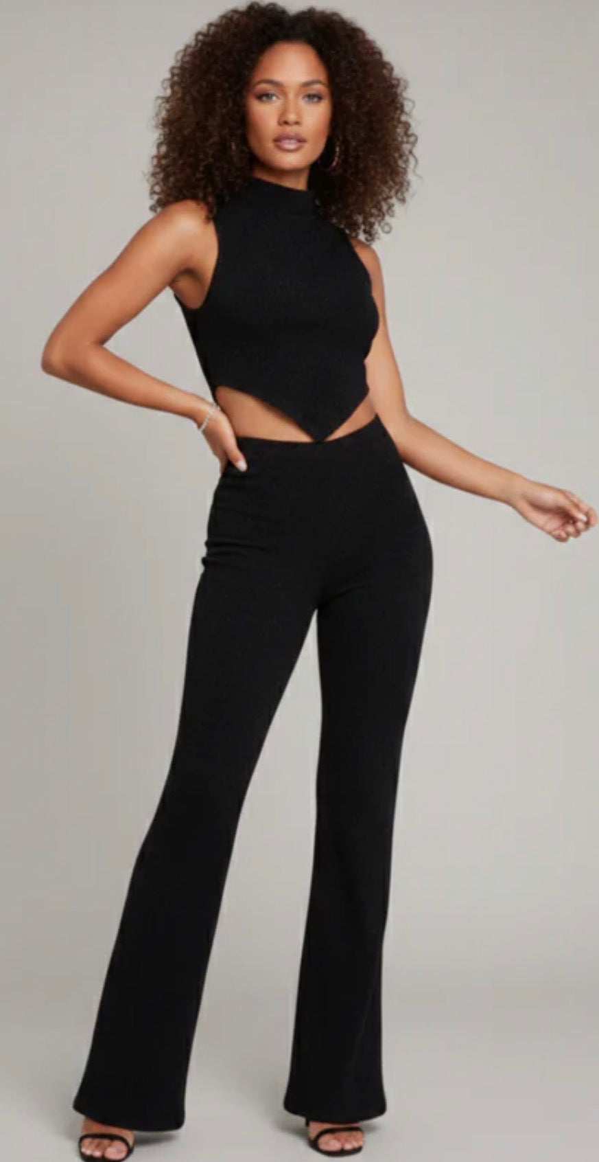 ASYMMETRICAL HIGH NECK TOP AND FLARED TROUSER CO-ORD