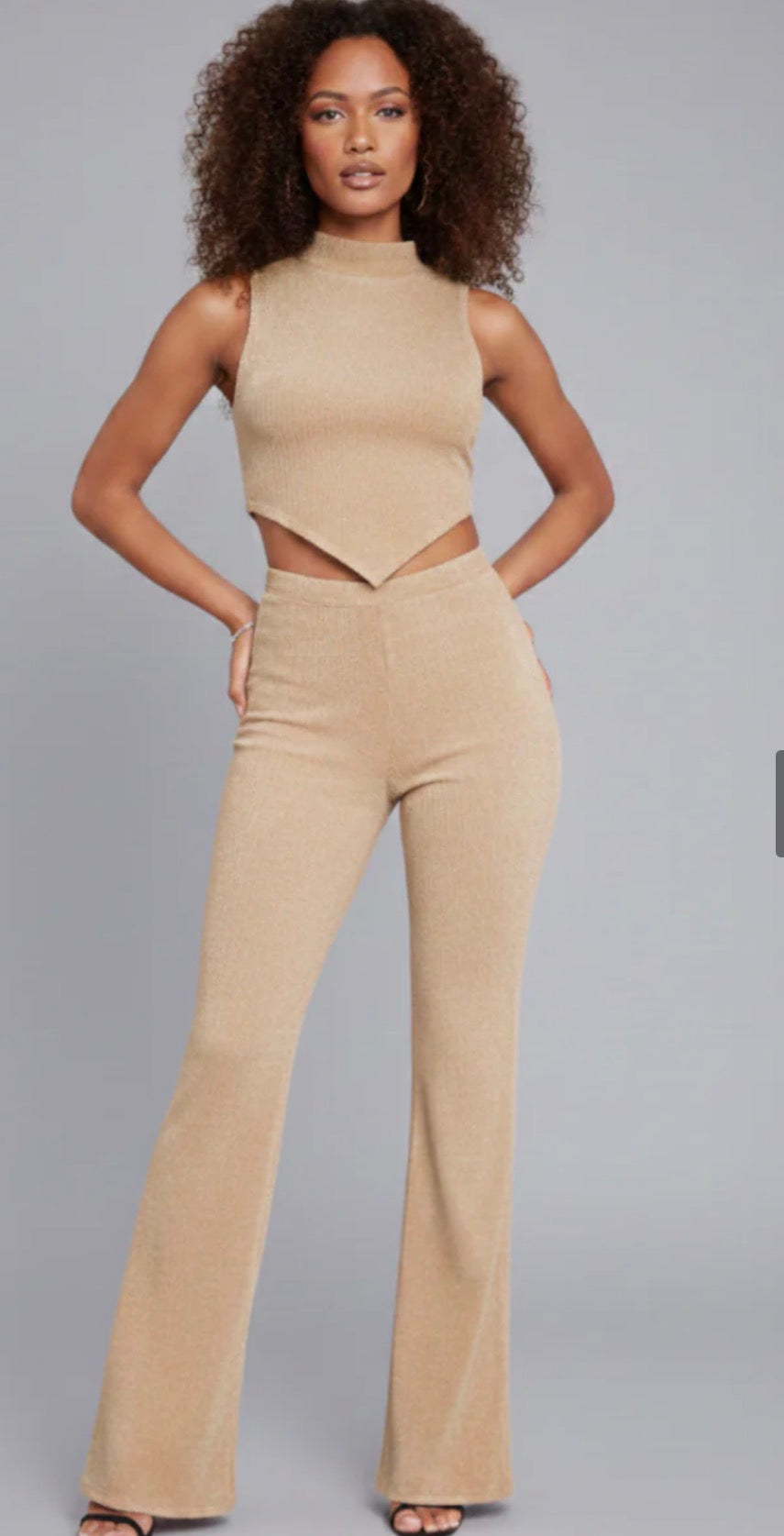 ASYMMETRICAL HIGH NECK TOP AND FLARED TROUSER CO-ORD