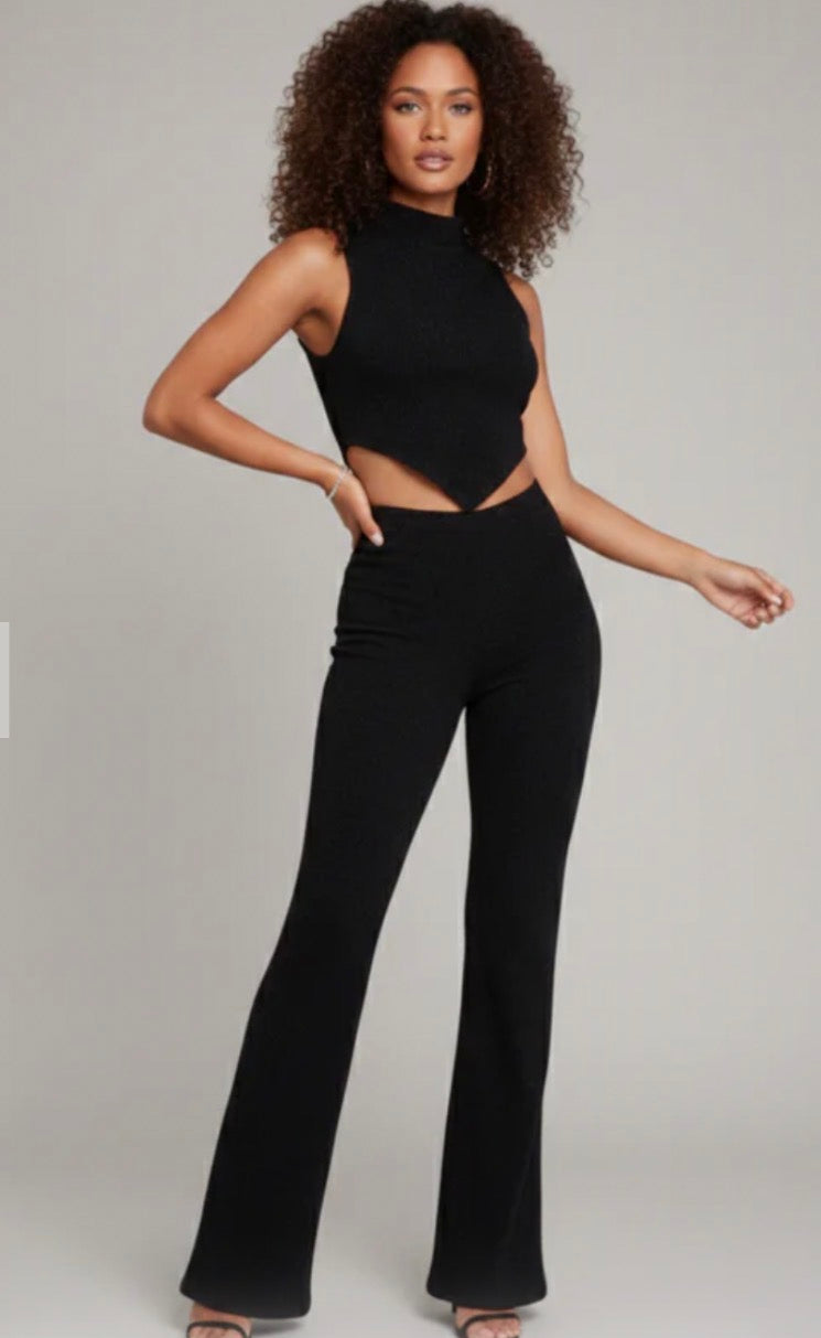 ASYMMETRICAL HIGH NECK TOP AND FLARED TROUSER CO-ORD