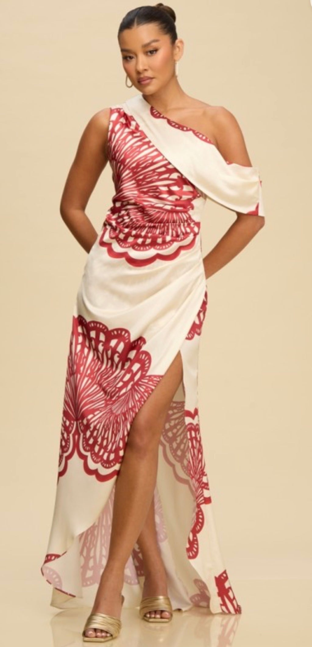 HOC One-Shoulder Printed Resort Maxi Dress – Crimson Ivory