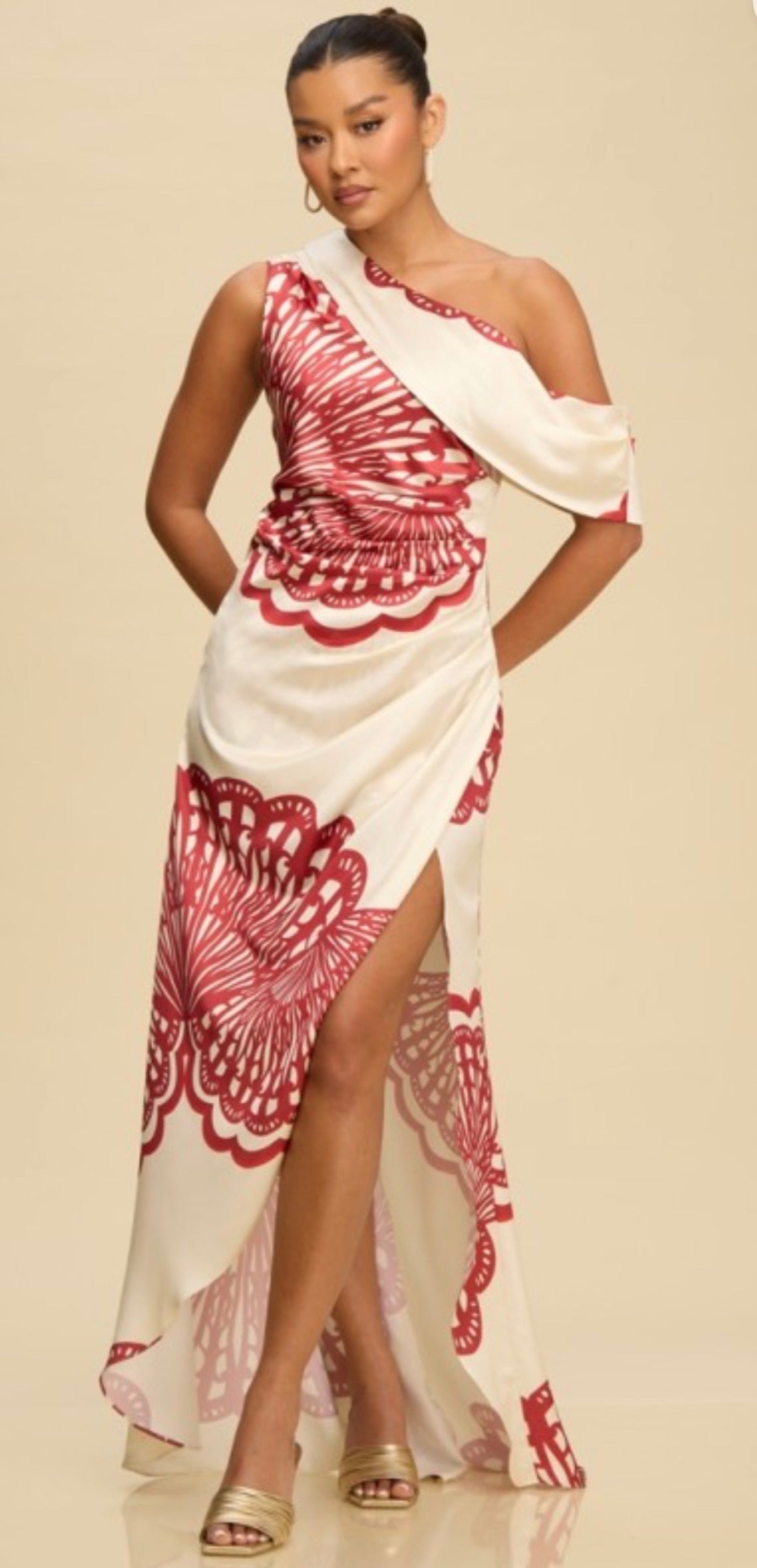 HOC One-Shoulder Printed Resort Maxi Dress – Crimson Ivory