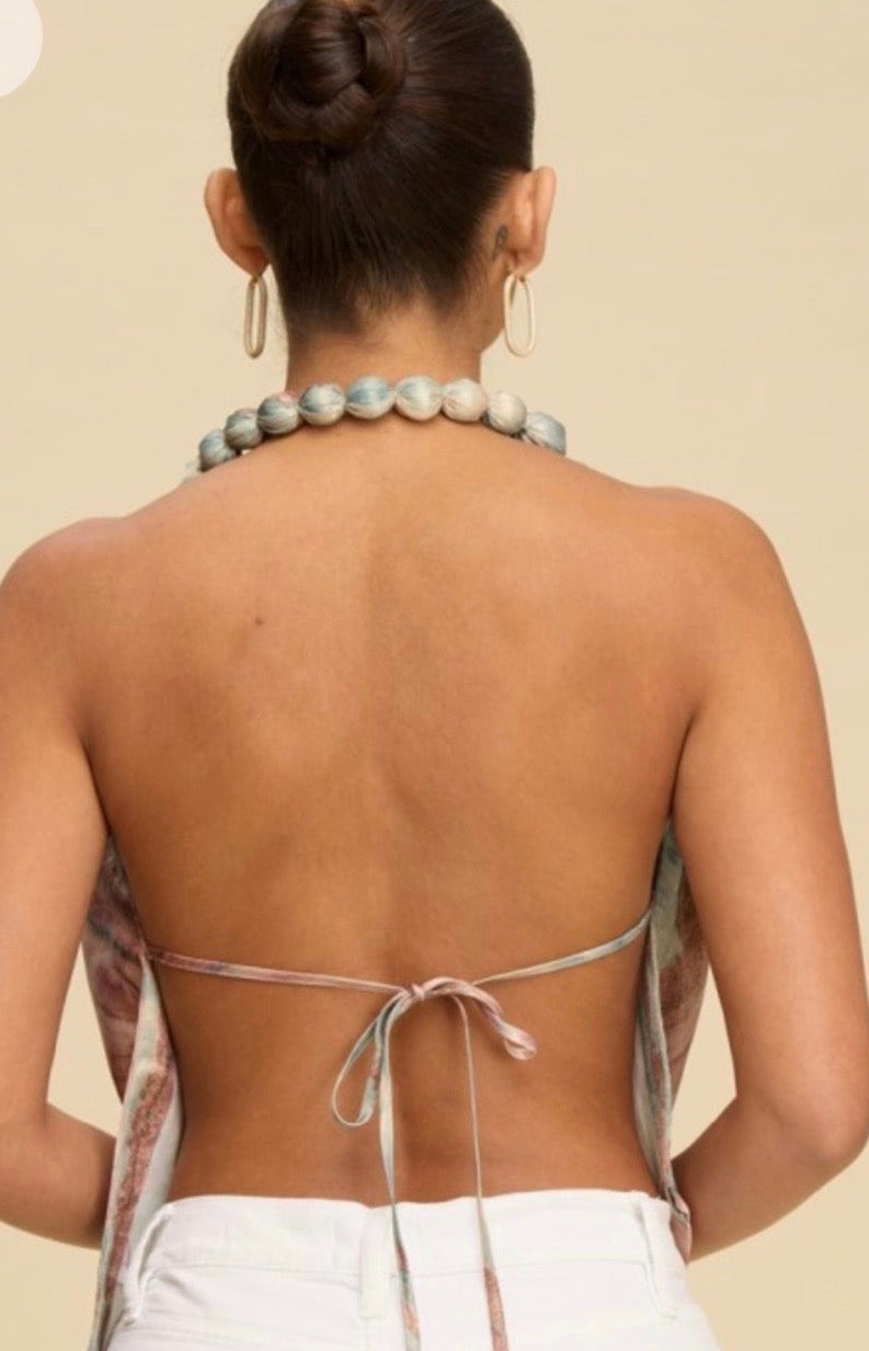 Marble Satin Draped Halter Top – Sage Multi