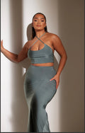 Shape Sea Green Slinky Cross Strap Crop Top/ Skirt set