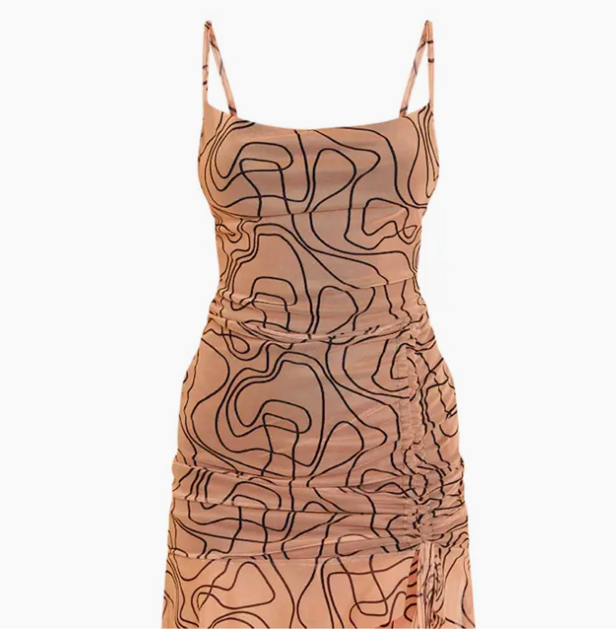 Nude Abstract Line Print Ruched Bodycon Dress