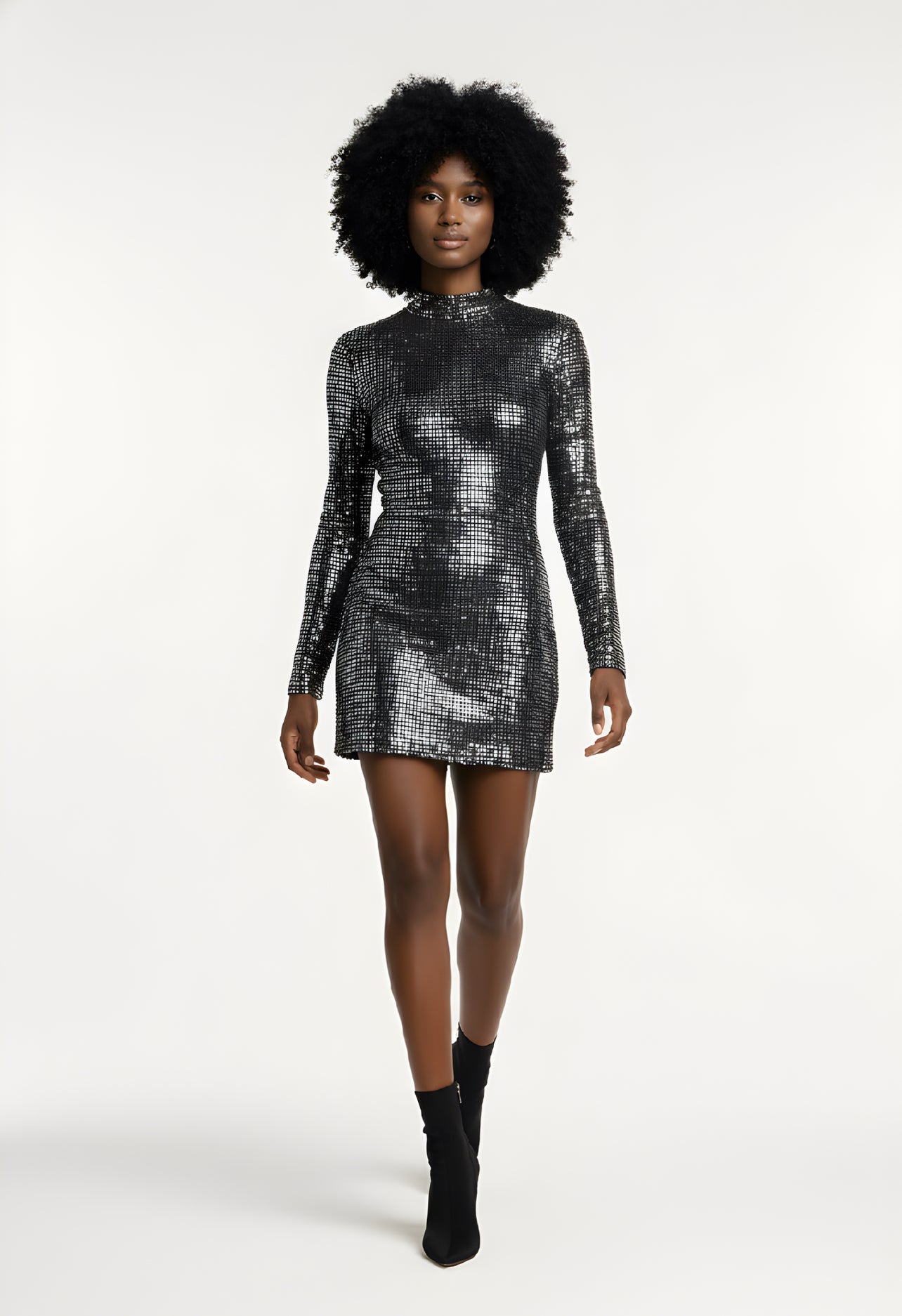 Silver Metallic Sequin Long Sleeve Bodycon Mini Dress