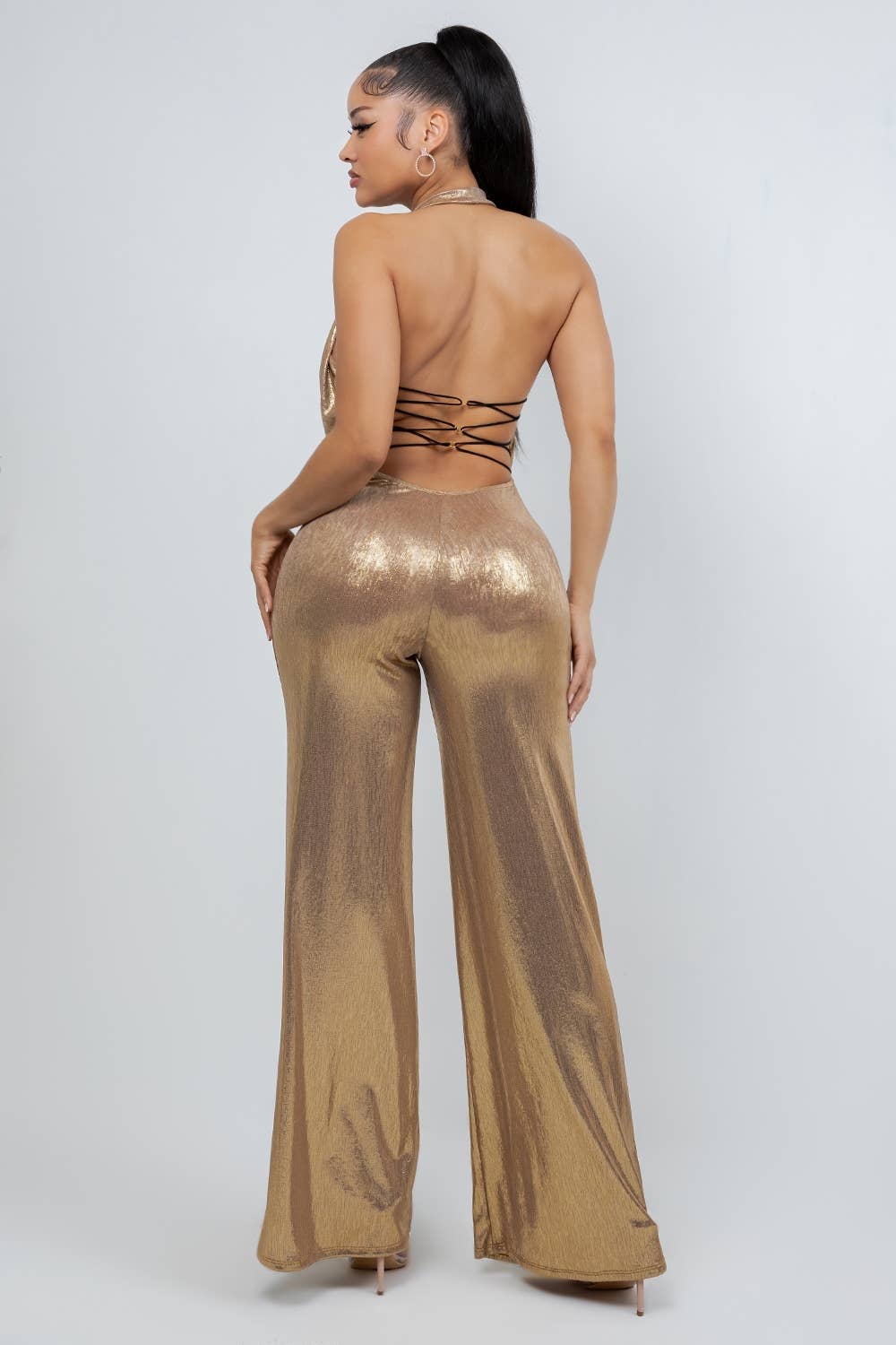 J8191 METALLIC GOLD HALTER JUMPSUIT WITH CROSS BACK