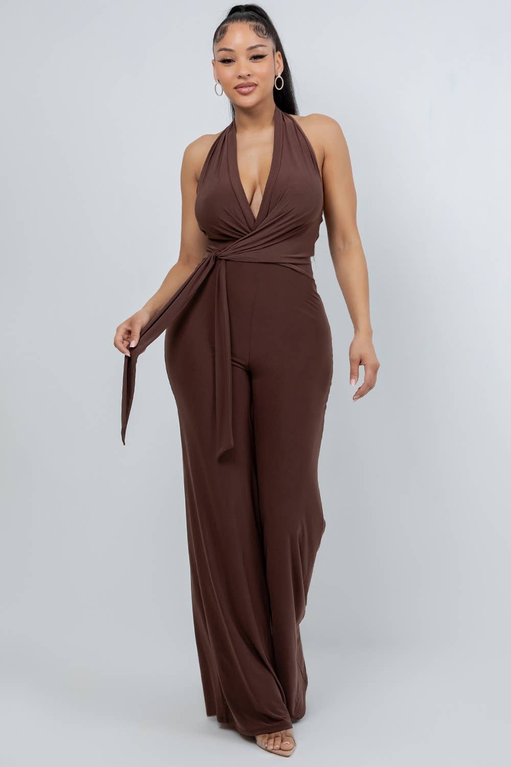 J8167 HALTER JUMPSUIT WITH WRAP TIE