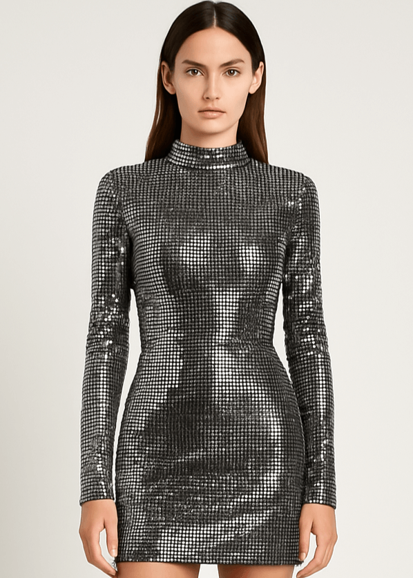 Silver Metallic Sequin Long Sleeve Bodycon Mini Dress