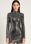 Silver Metallic Sequin Long Sleeve Bodycon Mini Dress