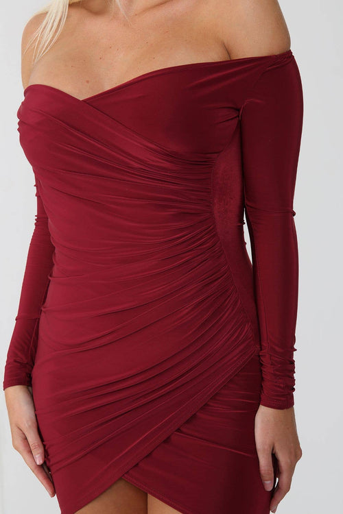 Bardot Neck Ruched Slinky Bodycon Mini Dress - Off Shoulder