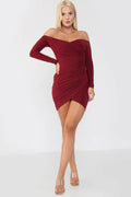 Bardot Neck Ruched Slinky Bodycon Mini Dress - Off Shoulder
