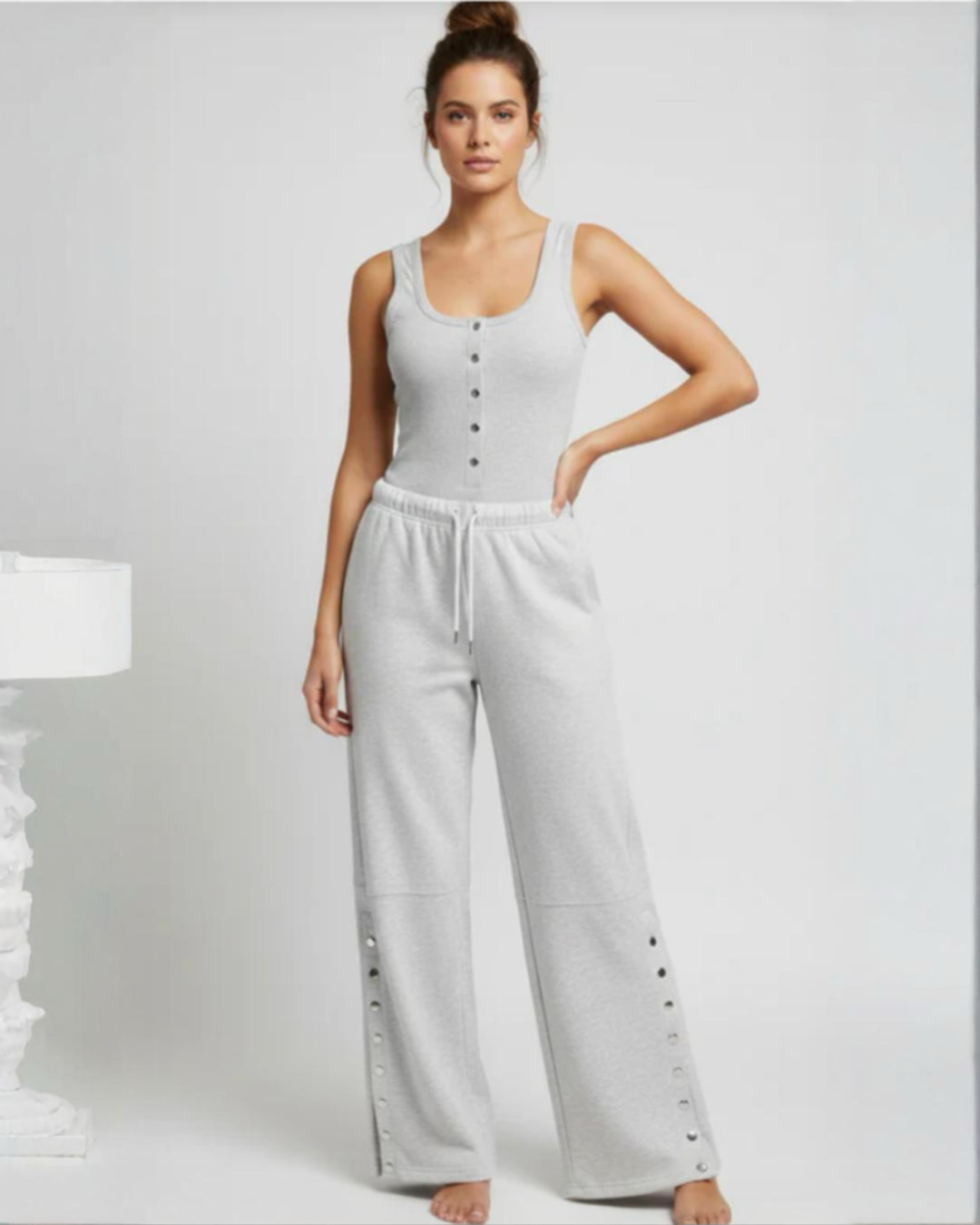 BUTTON DETAIL RIBBED BODYSUIT & FLEECE JOGGER SET