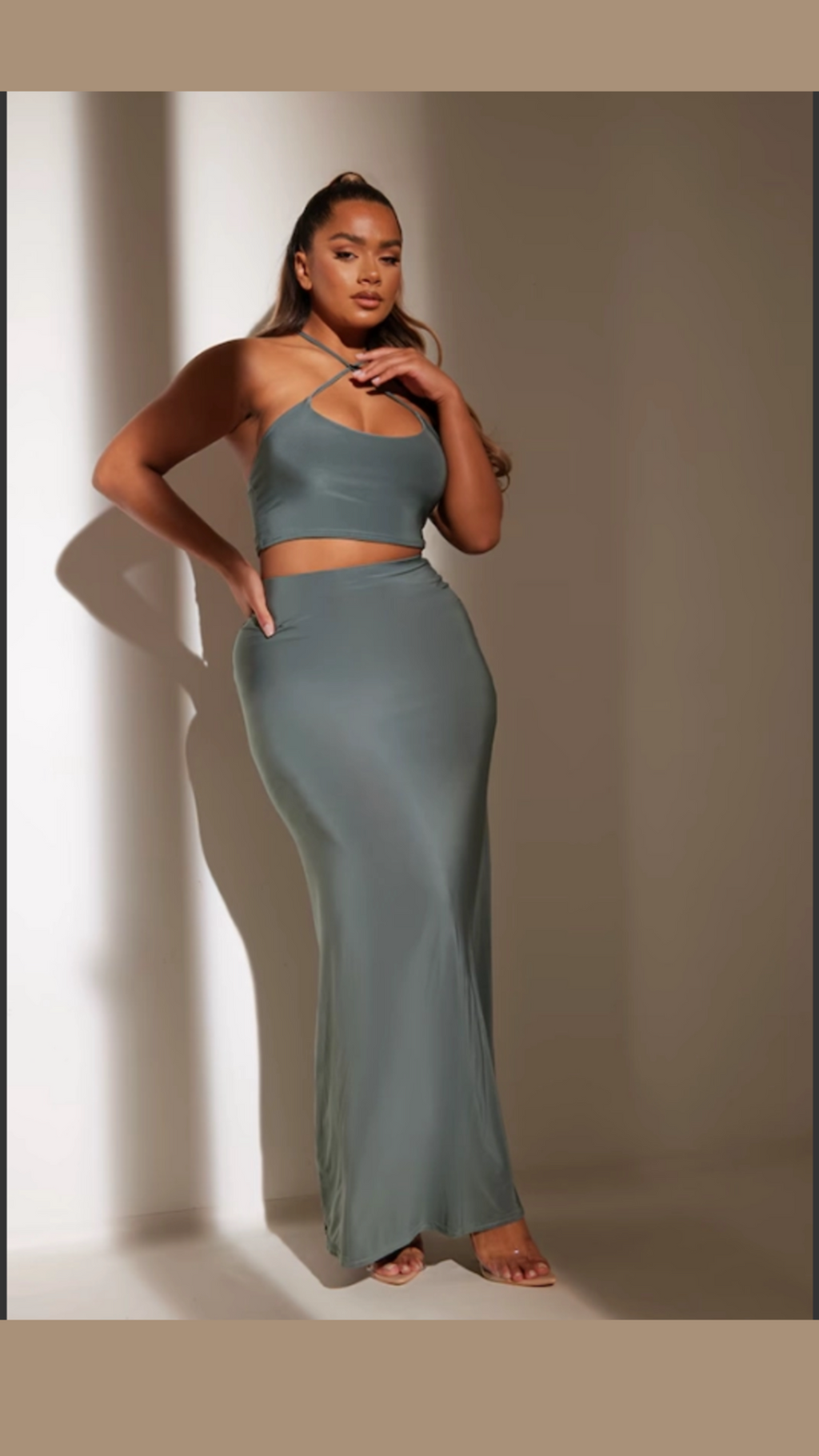 Shape Sea Green Slinky Cross Strap Crop Top/ Skirt set