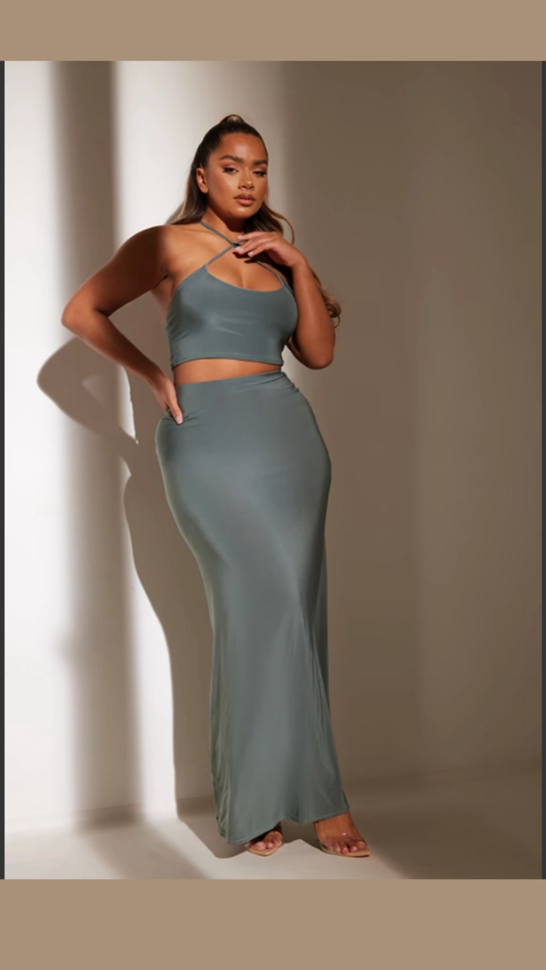 Shape Sea Green Slinky Cross Strap Crop Top/ Skirt set