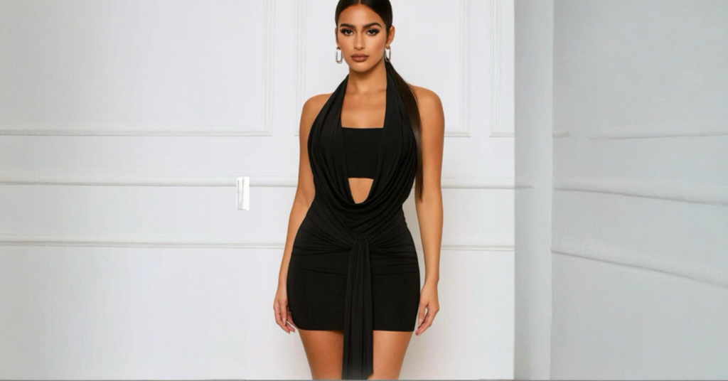 DRAPED COWL HALTER MINI DRESS