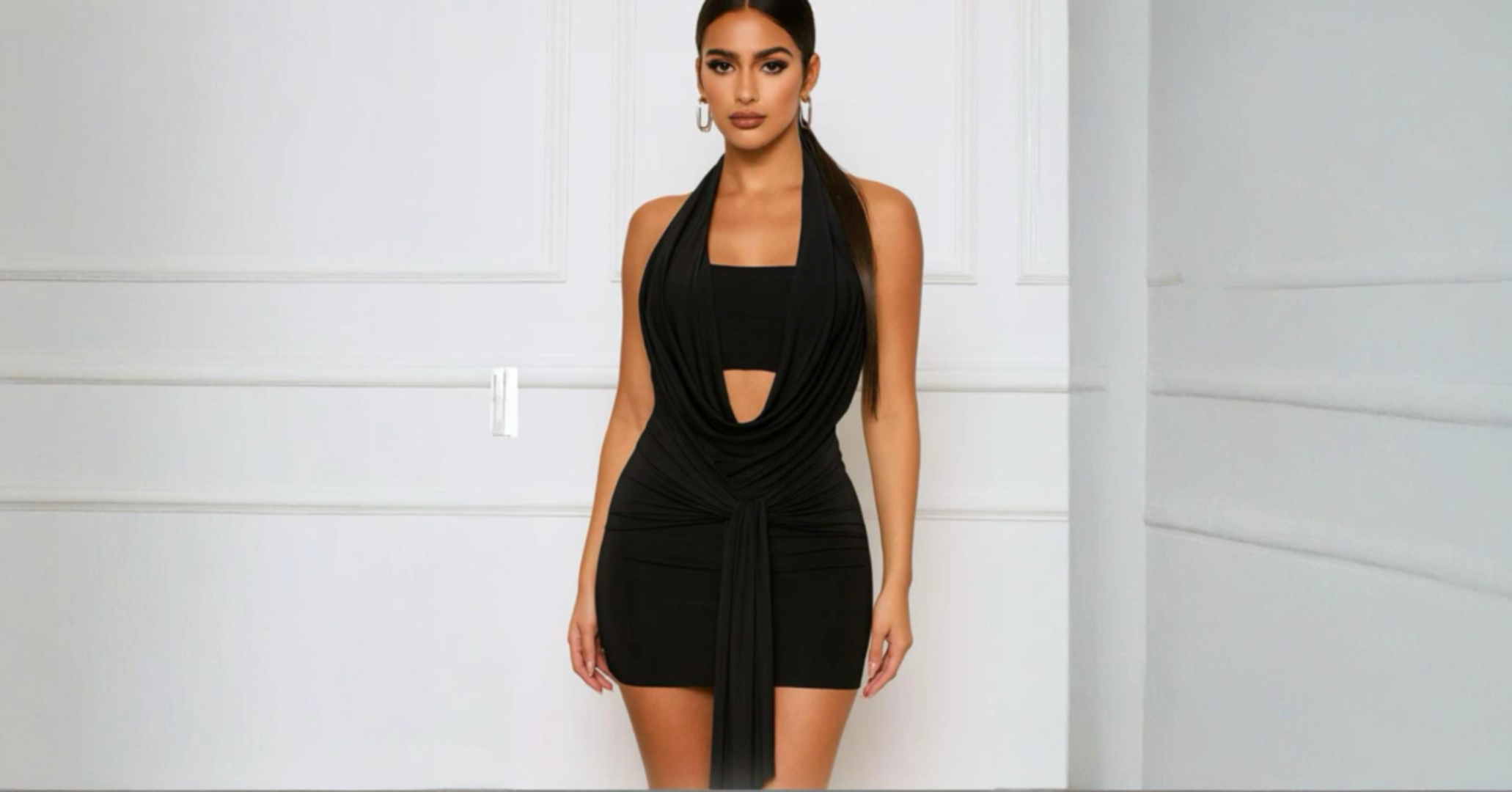 DRAPED COWL HALTER MINI DRESS